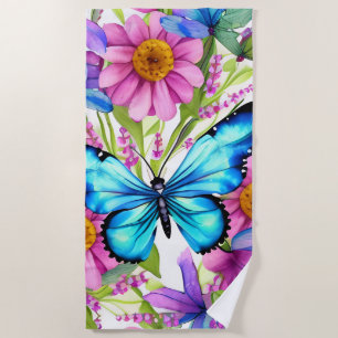 Blue Butterfly In a Field of Flowers Beach Towel