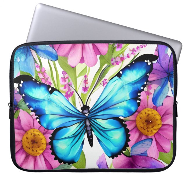 Blue Butterfly In a Field of Flowers Laptop Sleeve (Front)
