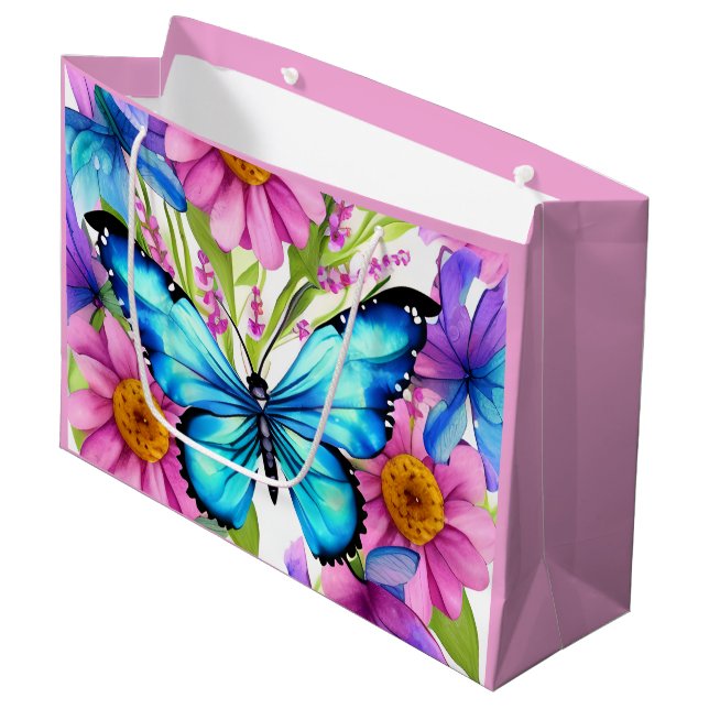 Blue Butterfly In a Field of Flowers Large Gift Bag (Front Angled)