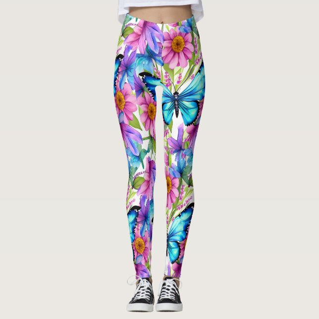 Blue Butterfly In a Field of Flowers Leggings (Front)