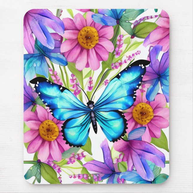 Blue Butterfly In a Field of Flowers Mouse Mat (Front)