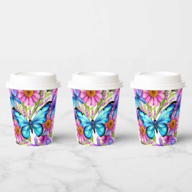 Blue Butterfly In a Field of Flowers Paper Cups (Multi)