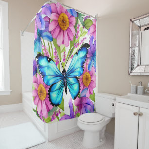 Blue Butterfly In a Field of Flowers Shower Curtain