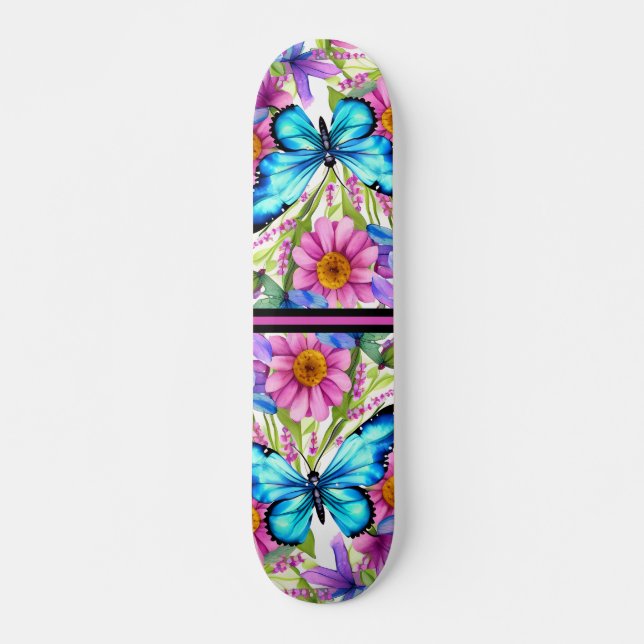 Blue Butterfly In a Field of Flowers Skateboard (Front)