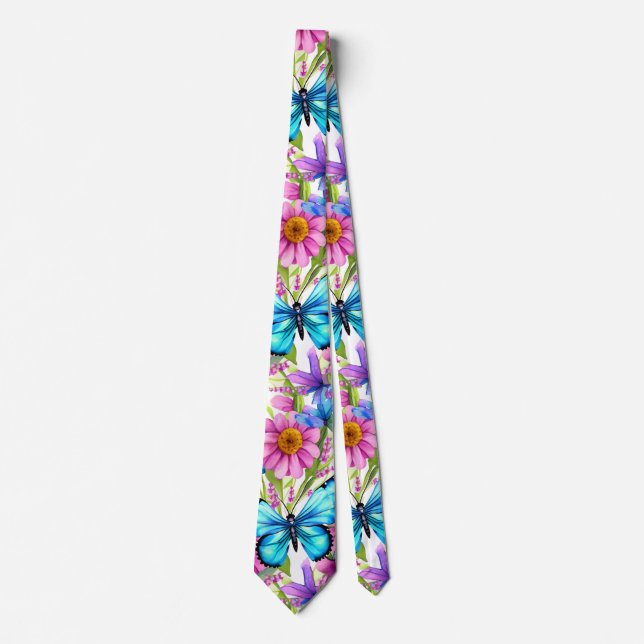 Blue Butterfly In a Field of Flowers Tie (Front)