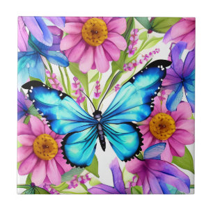 Blue Butterfly In a Field of Flowers Tile