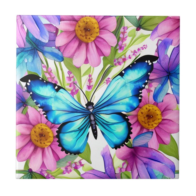 Blue Butterfly In a Field of Flowers Tile (Front)