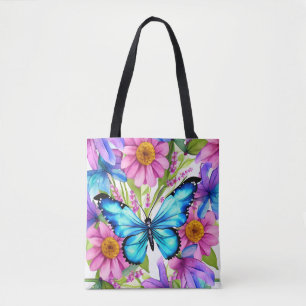 Blue Butterfly In a Field of Flowers Tote Bag
