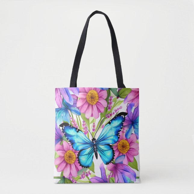 Blue Butterfly In a Field of Flowers Tote Bag (Front)