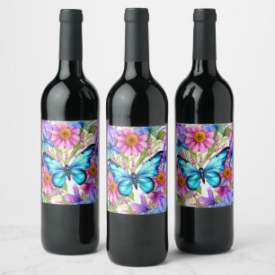 Blue Butterfly In a Field of Flowers Wine Label