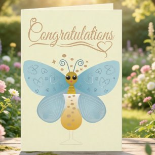 Blue Butterfly In Champagne Glass Congratulations Card