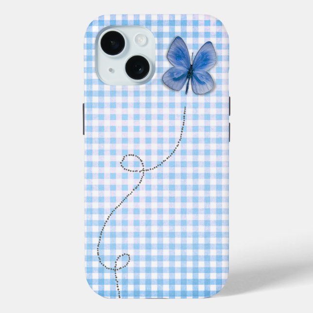 Blue Butterfly in Flight On Gingham Case-Mate iPhone Case (Back)