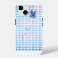 Blue Butterfly in Flight On Gingham