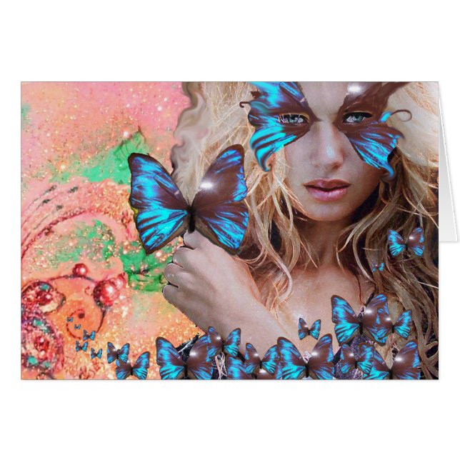 BLUE BUTTERFLY IN PINK GREEN GOLD SPARKLES (Front Horizontal)
