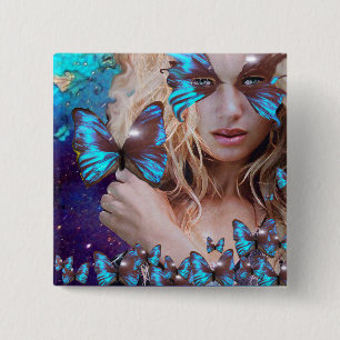 BLUE BUTTERFLY IN TEAL GREEN GOLD SPARKLES 15 CM SQUARE BADGE