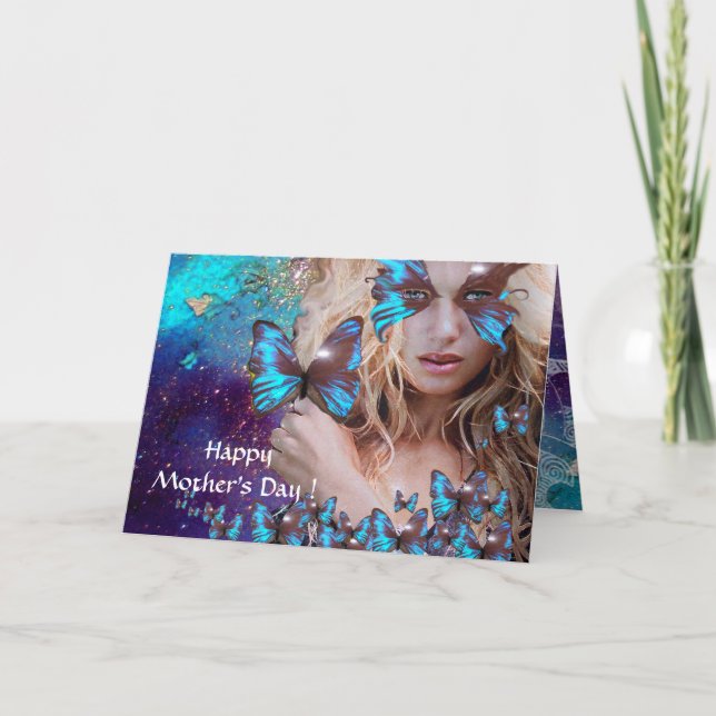 BLUE BUTTERFLY IN TEAL GREEN GOLD SPARKLES CARD (Front)