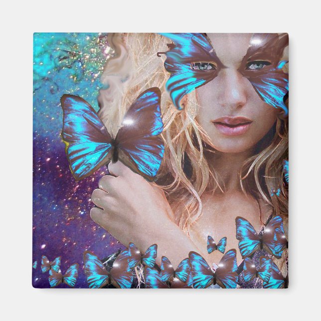 BLUE BUTTERFLY IN TEAL GREEN GOLD SPARKLES MAGNET (Front)