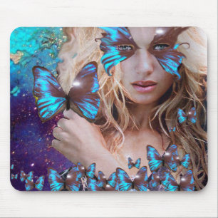 BLUE BUTTERFLY IN TEAL GREEN GOLD SPARKLES MOUSE MAT