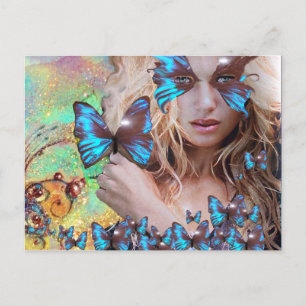 BLUE BUTTERFLY IN TEAL GREEN GOLD SPARKLES POSTCARD