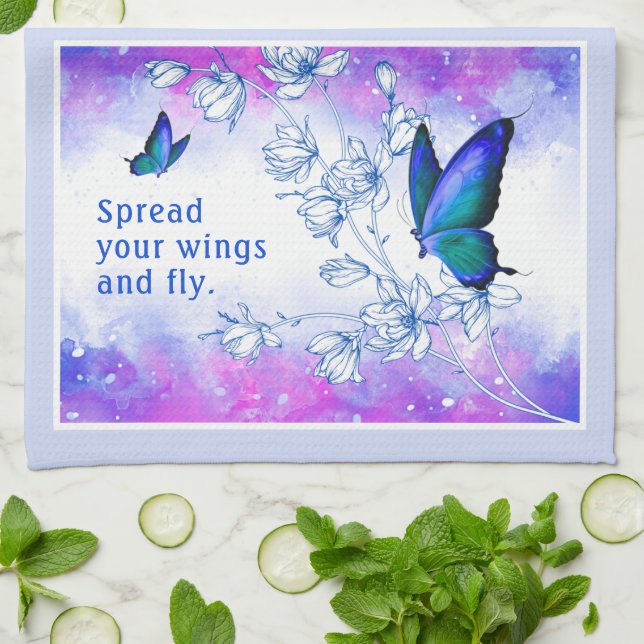 Blue Butterfly Inspirational Kitchen Towel (Folded)