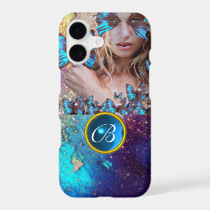BLUE BUTTERFLY LADY,TEAL GOLD SPARKLE GEM MONOGRAM