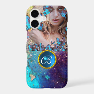 BLUE BUTTERFLY LADY,TEAL GOLD SPARKLE GEM MONOGRAM