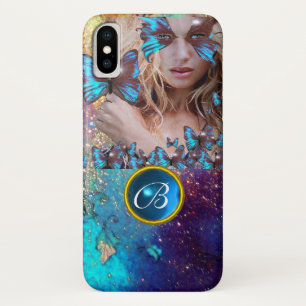 BLUE BUTTERFLY LADY,TEAL GOLD SPARKLE GEM MONOGRAM iPhone X CASE