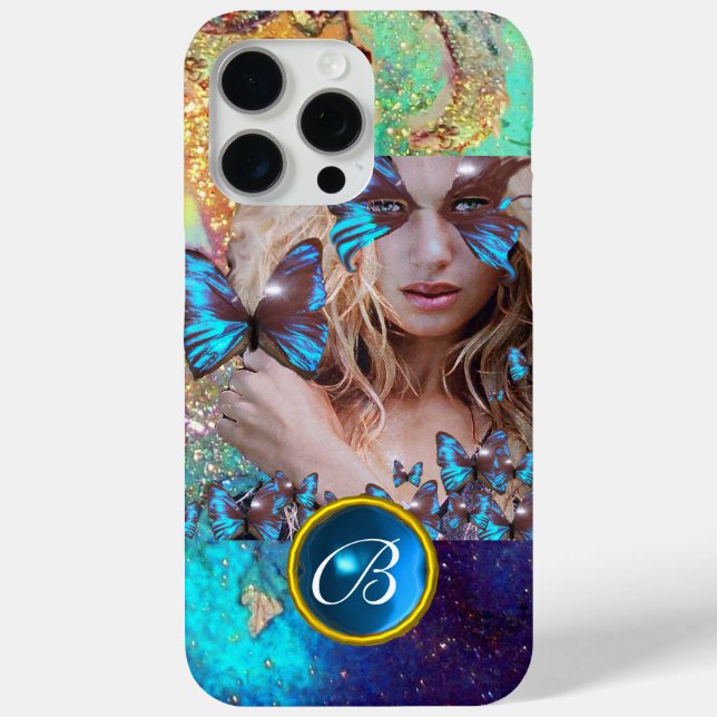 BLUE BUTTERFLY LADY,TEAL GOLD SPARKLE GEM MONOGRAM Case-Mate iPhone CASE (Back)