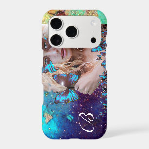 BLUE BUTTERFLY LADY ,TEAL GOLD SPARKLES MONOGRAM