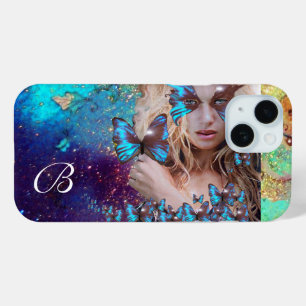 BLUE BUTTERFLY LADY ,TEAL GOLD SPARKLES MONOGRAM iPhone 15 CASE