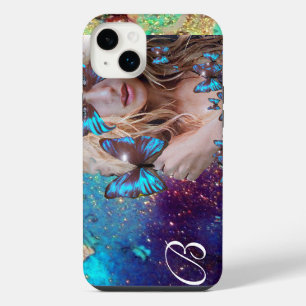 BLUE BUTTERFLY LADY ,TEAL GOLD SPARKLES MONOGRAM iPhone 14 PLUS CASE