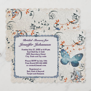 Blue Butterfly & Leaf Swirls Bridal Shower Invite
