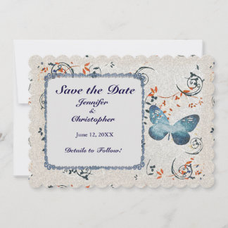 Blue Butterfly & Leaf Swirls Save The Date