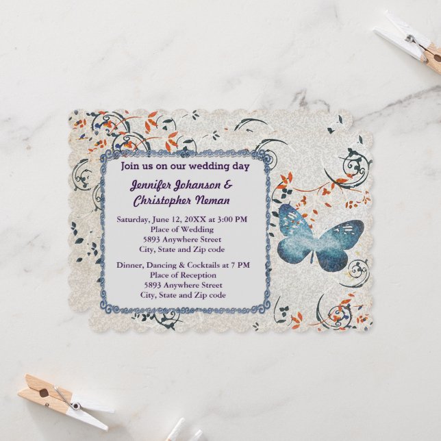 Blue Butterfly & Leaf Swirls Wedding Invitation (Front/Back In Situ)