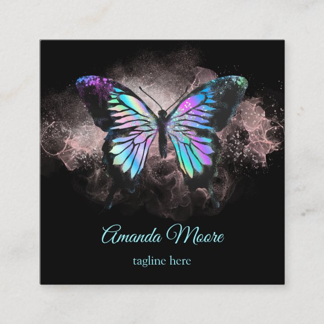 blue butterfly life coach therapist holograph opal square business card (Front)