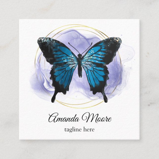blue butterfly life coach therapist holograph squa square business card (Front)