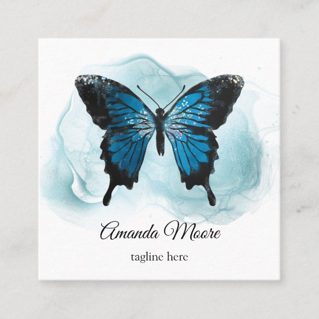 blue butterfly life coach therapist ink smoke square business card (Front)
