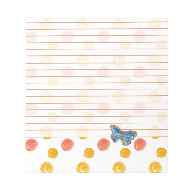 Blue Butterfly Lined Orange Polka Dots Notepad (Front)