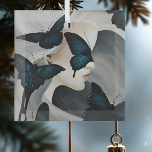 Blue Butterfly Masquerade Elegant Fantasy Glass Tree Decoration