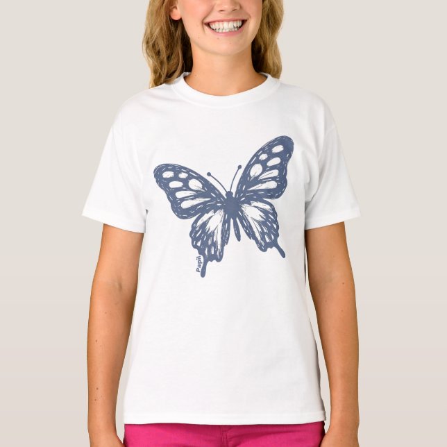 Blue Butterfly Minimal Nature Art by Papil T-Shirt (Front)