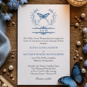 Blue Butterfly Monogram Formal Wedding Invitation