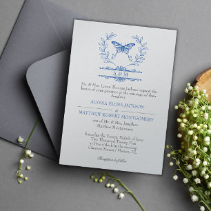 Blue Butterfly Monogram Formal Wedding Invitation