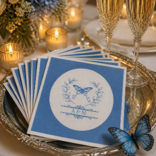 Blue Butterfly Monogrammed Wedding Paper Napkin