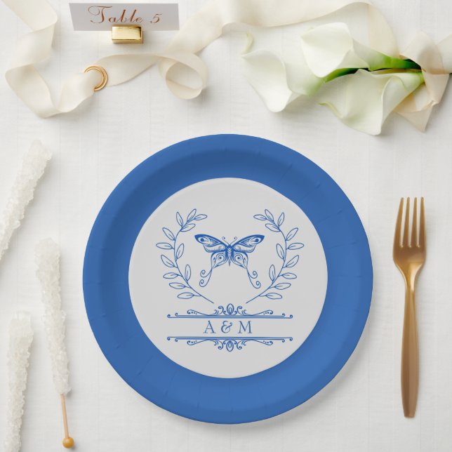 Blue Butterfly Monogrammed Wedding Plate (Wedding)