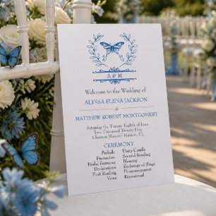 Blue Butterfly Monogrammed Wedding Program Invitation