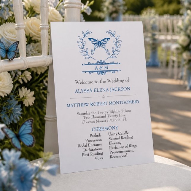 Blue Butterfly Monogrammed Wedding Program Invitation (Creator Uploaded)