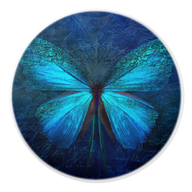 Blue Butterfly of Joy & Luck Ceramic Knob (Front)