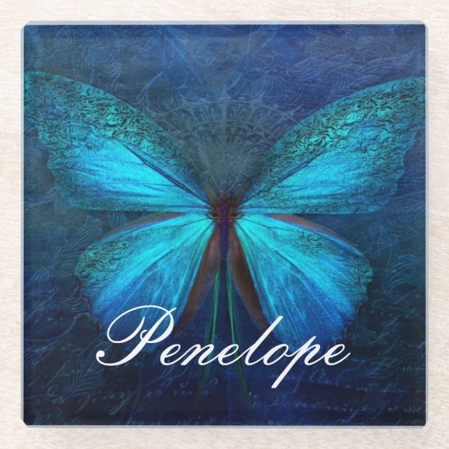 Blue Butterfly of Joy & Luck Glass Coaster (Front)