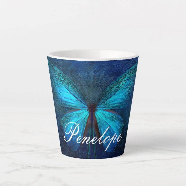 Blue Butterfly of Joy & Luck Latte Mug (Front)