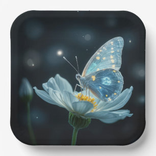 Blue Butterfly On a Moonflower Paper Plate